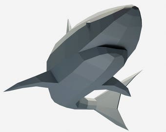 Papercraft Shark, 3D Paper Craft model, low poly tiburon, animal trophy, PDF template pattern kit, DIY home decor, polygonal pepakura gift