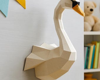 Papercraft Swan, DIY paper craft model, PDF template kit, Low poly paper sculpture, origami, animal trophy head, bird, goose, duck, pepakura