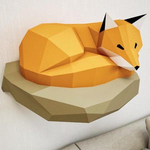 Papercraft Fox on rock, paper model, 3d paper craft, paper sculpture PDF template, low poly animals papercraft, wall home decor pepakura kit