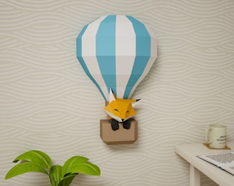Papercraft Fox in the Balloon, cute paper model, PDF template, paper craft wall sculpture, 3D origami, papercraft balloon, DIY digital kit