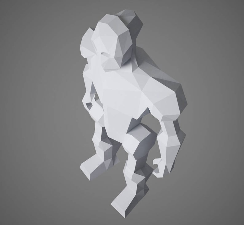 May include: A white, low-poly, 3D model of a humanoid figure with a large head and short limbs. The figure is standing with its arms bent at the elbows and its hands clenched into fists.