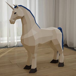 Papercraft Unicorn, licorne printable 3D paper craft model, animal head trophy, sculpture, PDF template kit, origami, low poly paper pattern