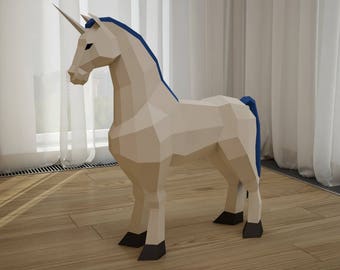 Papercraft Unicorn, licorne printable 3D paper craft model, animal head trophy, sculpture, PDF template kit, origami, low poly paper pattern