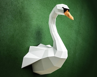 Papercraft Swan, DIY paper craft model, PDF template kit, Low poly paper sculpture, origami, animal trophy head, bird, goose, duck, pepakura