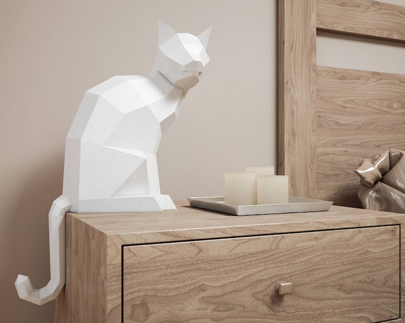 Gato de papel 3D, escultura DIY de gato sentado, manualidades de papel, animales de baja poligonización, modelo de papel, rompecabezas de origami 3D, kit de descarga instantánea en PDF imagen 5