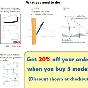 May include: Instructions for assembling a paper model. The image shows a pink paper template, a ruler and pen, and a folded paper model with arrows indicating fold lines. The text reads "What you need to do:" and "Get 20% off your order when you buy 3 models (Discount shown at checkout)"