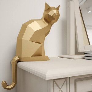Gato de papel 3D, escultura DIY de gato sentado, manualidades de papel, animales de baja poligonización, modelo de papel, rompecabezas de origami 3D, kit de descarga instantánea en PDF imagen 3