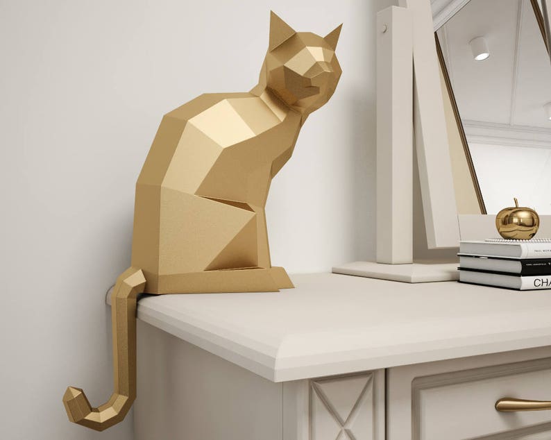 Gato de papel 3D, escultura DIY de gato sentado, manualidades de papel, animales de baja poligonización, modelo de papel, rompecabezas de origami 3D, kit de descarga instantánea en PDF imagen 3