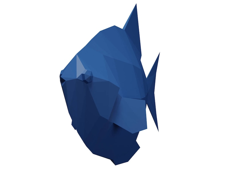 May include: A blue origami fish with a triangular shape. The fish is made of paper and has a simple design.