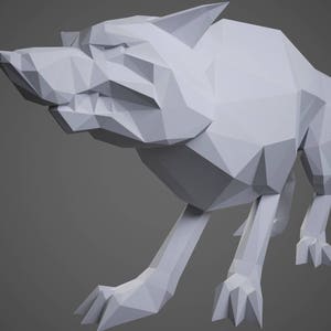 May include: A white, low-poly wolf model with a snarling expression. The wolf is in a running pose with its legs extended and its head turned to the side.