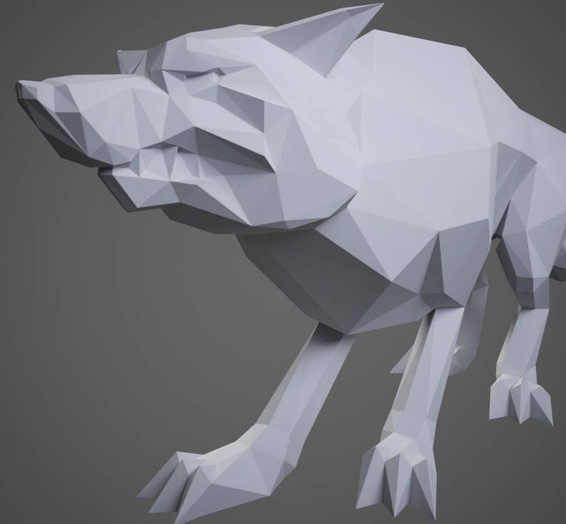 May include: A white, low-poly wolf model with a snarling expression. The wolf is in a running pose with its legs extended and its head turned to the side.