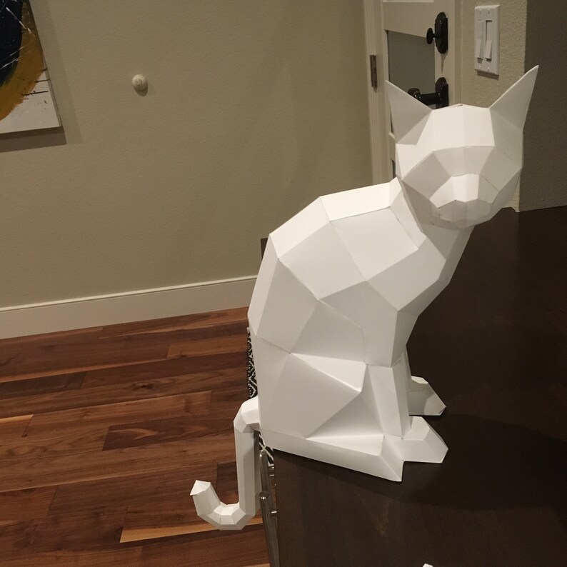 Gato de papel 3D, escultura DIY de gato sentado, manualidades de papel, animales de baja poligonización, modelo de papel, rompecabezas de origami 3D, kit de descarga instantánea en PDF imagen 9