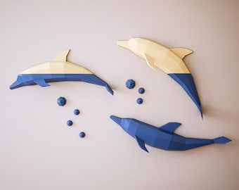 DIY Papercraft Delfiny wyskakujące z wody, szablon PDF do papierowego modelu, cyfrowy wzór wieloryba, mural 3D z papierowej rzeźby