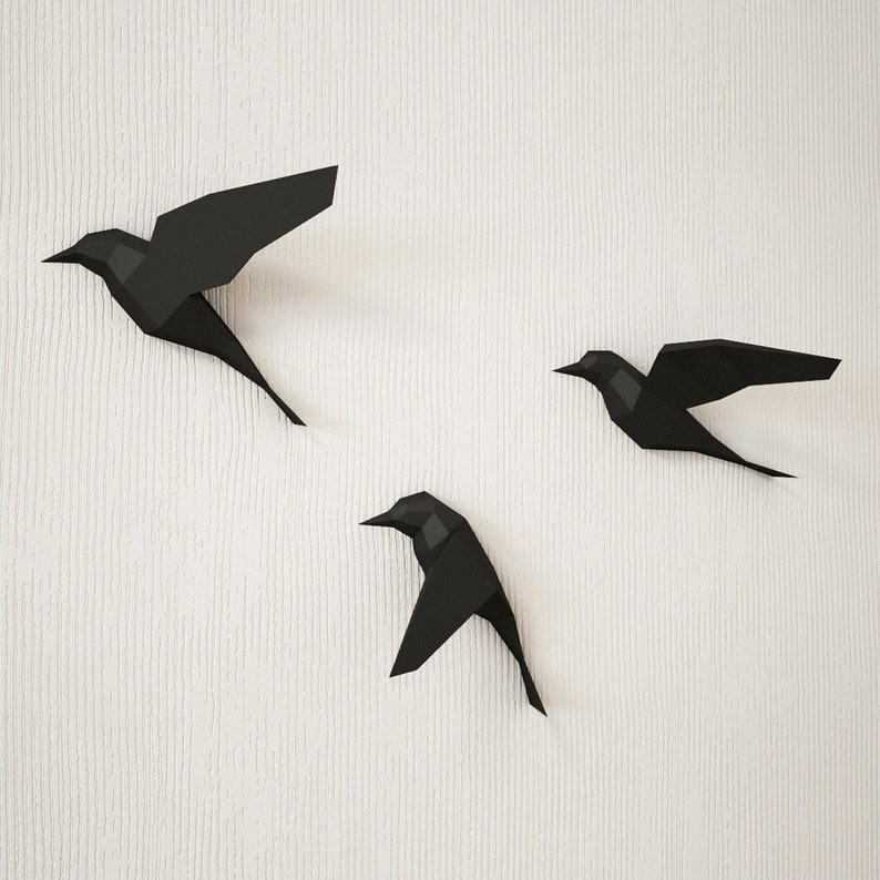 3D Papercraft Birds on wall, DIY paper model sculpture, origami, papercraft PDF animal low poly trophy, paper craft template kit, pepakura image 1