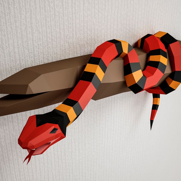 Papercraft Snake on a branch, Scarlet king snake Paper craft 3D model, PDF template, wall decor low poly animal, serpent, viper, coral snake