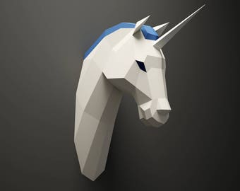 DIY Unicorn Head, licorne Paper Animal trophy, 3D Paper model, Low Poly paper craft sculpture, papercrafting, pepakura kit, 3d origami PDF