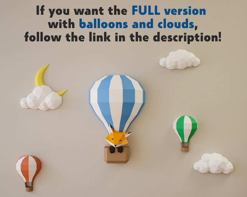 May include: A wall decorated with paper craft decorations, including a blue and white striped hot air balloon with a fox inside, a green and white striped hot air balloon, an orange and white striped hot air balloon, a white cloud, and a yellow crescent moon.