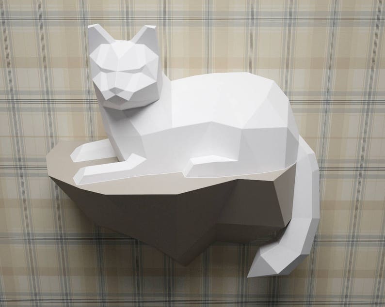 Papperspyssel Katt på en sten, Väggkonstruktion, 3D-papperspysselskulptur, Pappersmodell Katt, DIY-dekorationspresent, PDF-mönster, Djurtrofé, Pepakura bild 4