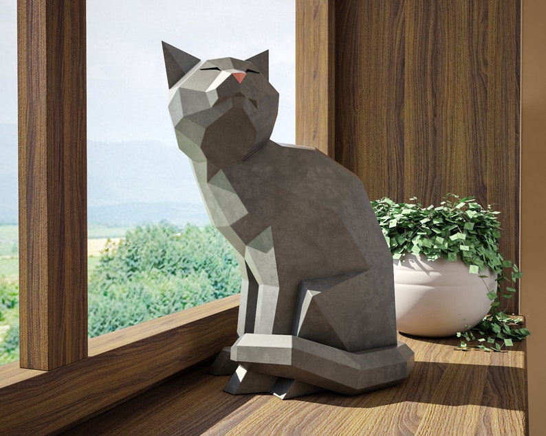 Papercraft Cat, modelo 3D de artesanía de papel, plantilla PDF de gatito, linda escultura de gatito de baja poli, kit digital, pepakura, piezas DIY constructor de casas imagen 5