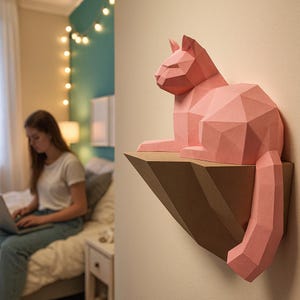 Papperspyssel Katt på en sten, Väggkonstruktion, 3D-papperspysselskulptur, Pappersmodell Katt, DIY-dekorationspresent, PDF-mönster, Djurtrofé, Pepakura bild 8