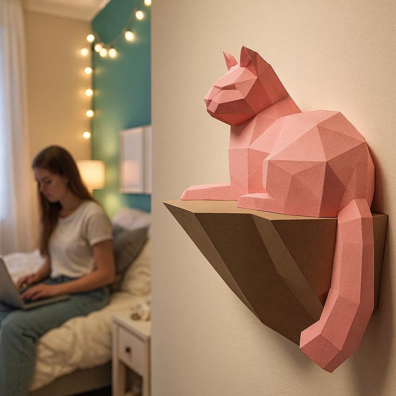 Papperspyssel Katt på en sten, Väggkonstruktion, 3D-papperspysselskulptur, Pappersmodell Katt, DIY-dekorationspresent, PDF-mönster, Djurtrofé, Pepakura bild 8