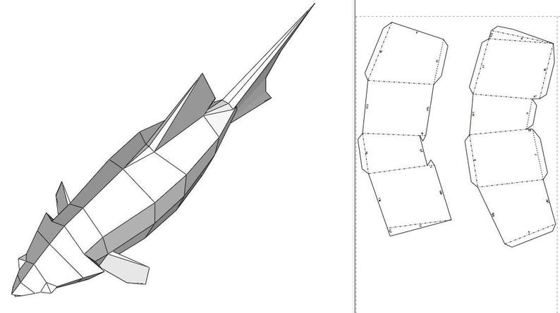 May include: A black and white line drawing of a fish with a detailed origami pattern. The image shows the folded paper pattern for the fish on the right side of the image.