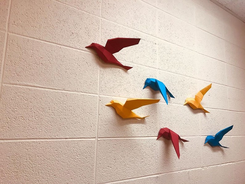 3D Papercraft Birds on wall, DIY paper model sculpture, origami, papercraft PDF animal low poly trophy, paper craft template kit, pepakura image 3