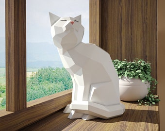 Papercraft Cat, 3D-model van papier, kitten PDF-sjabloon, schattige low poly kitty-sculptuur, digitale kit, pepakura, stukken doe-het-zelfbouwer