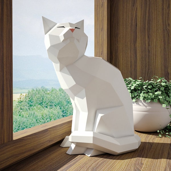 Papercraft Katze, Papercraft 3D-Modell, Kätzchen PDF-Vorlage, niedliche Low-Poly-Katzenskulptur, digitales Kit, Pepakura, Teile DIY Heimkonstrukteur