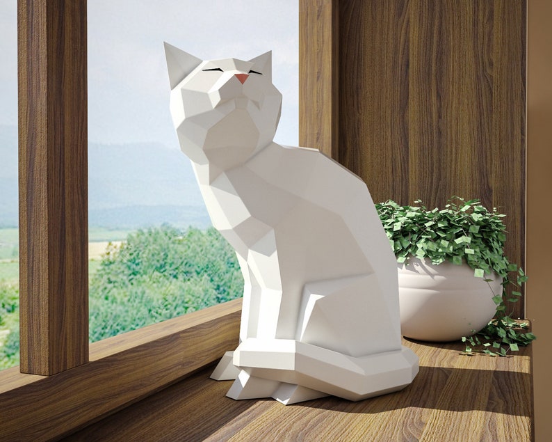 Papercraft Cat, modelo 3D de artesanía de papel, plantilla PDF de gatito, linda escultura de gatito de baja poli, kit digital, pepakura, piezas DIY constructor de casas imagen 1