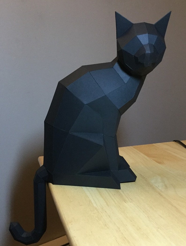 Gato de papel 3D, escultura DIY de gato sentado, manualidades de papel, animales de baja poligonización, modelo de papel, rompecabezas de origami 3D, kit de descarga instantánea en PDF imagen 7
