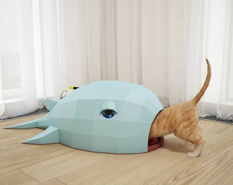 DIY Paper Cat House "Whale", Papercraft 3D cat cave, do it yourself cat home, how to make paper craft model, pdf pepakura low poly template