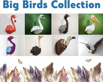 Papercraft Big Birds Collection, paper craft set of flamingo, swan, crane, pelican, blue heron, ostrich, vulture, eagle. 3D models DIY kit