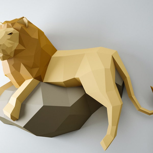 Papercraft Lion, 3D paper model, PDF paper craft template, low poly leo, wall decor DIY gift, animal head trophy, paper sculpture, pepakura