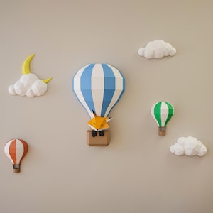 Palloncini e nuvole di carta, panorama del cielo di carta, modello di luna di carta, volpe nel palloncino, PDF per bambini, per bambina, per bambino, cameretta dei bambini.