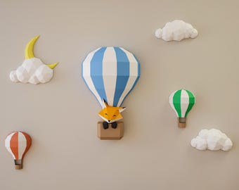 Papercraft Balloons and Clouds, paper craft sky panorama, moon paper model, Fox in the balloon, kid PDF, for girl, for boy, Children's room.
