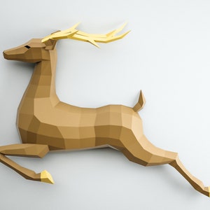 3D Papercraft Deer, Paper craft model stag, origami caribou, DIY kit doe, low poly hind, polygonal moose, roe trophy, animal template PDF