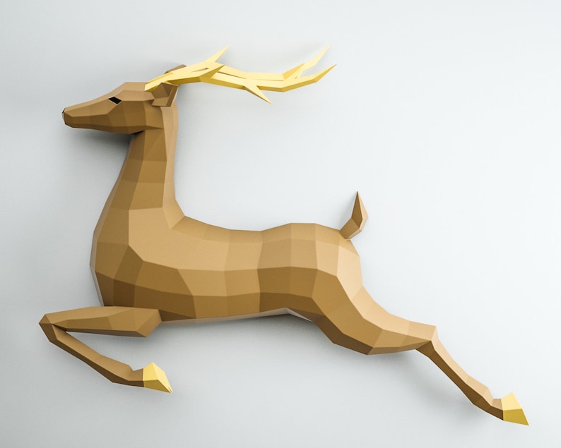 3D Papercraft Deer, Paper craft model stag, origami caribou, DIY kit doe, low poly hind, polygonal moose, roe trophy, animal template PDF image 1