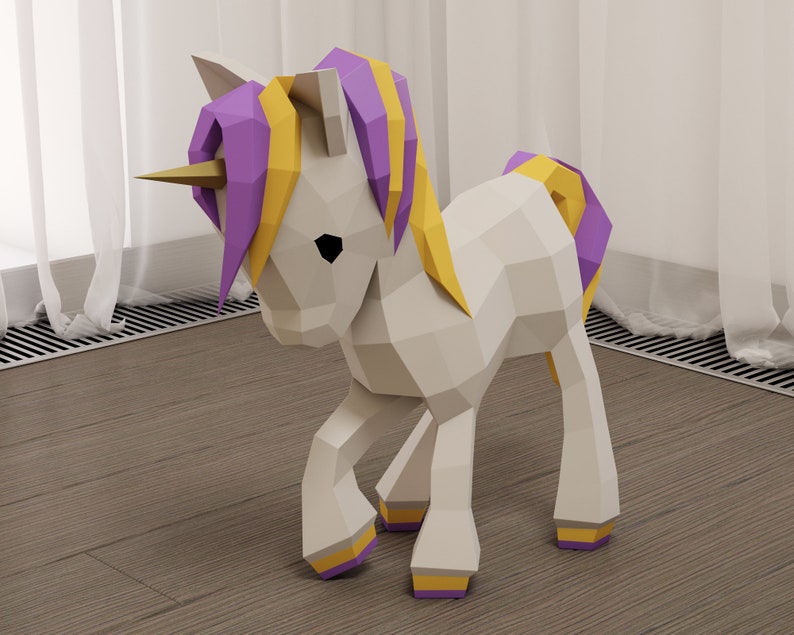Papercraft Unicorn baby, 3D paper craft floor model, cute sculpture, PDF template, digital paper puzzle kit, pattern horse colt foal, A4/US image 2
