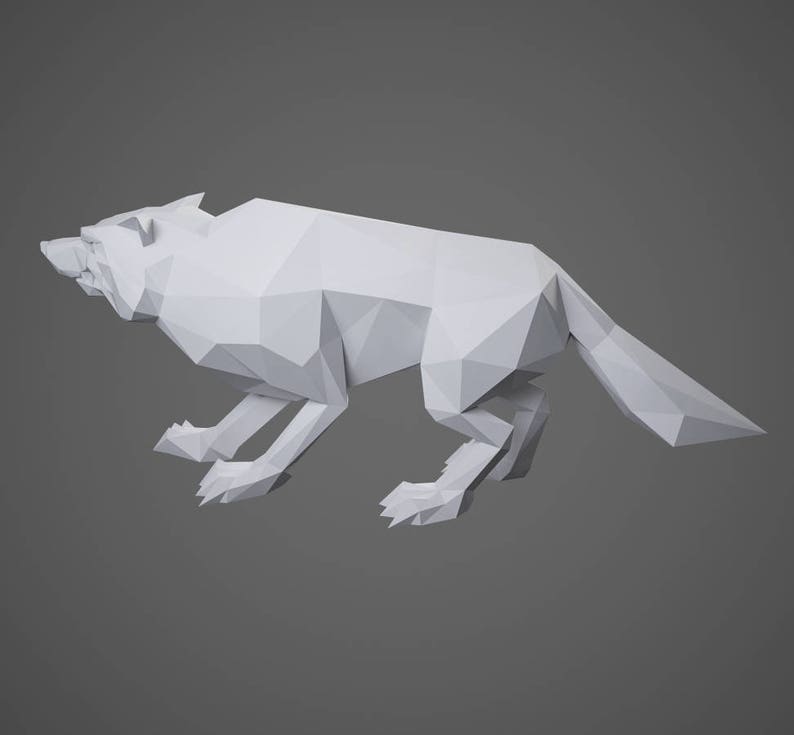 May include: A white, low-poly wolf sculpture in a running pose. The sculpture is made of triangles and has a simple, geometric design.