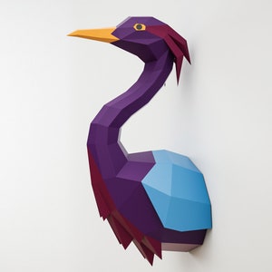 Papercraft Blue Heron, paper craft model egret, template stork, low poly bird crane, violet flamingo pattern, pepakura wall decor, PDF file