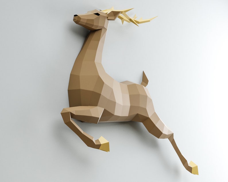 3D Papercraft Deer, Paper craft model stag, origami caribou, DIY kit doe, low poly hind, polygonal moose, roe trophy, animal template PDF image 2