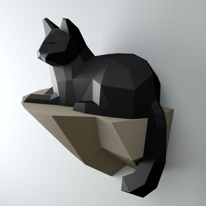 Gatto di carta su una roccia, costruzione di muri, scultura di carta 3D, modello di gatto di carta, regalo decorativo fai da te, modello PDF, trofeo di animale, Pepakura