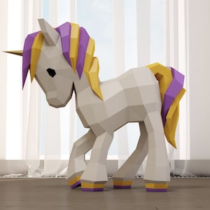 Papercraft Unicorn baby, modelo de piso de artesanía de papel 3D, escultura linda, plantilla PDF, kit de rompecabezas de papel digital, patrón caballo potro potro, A4/US