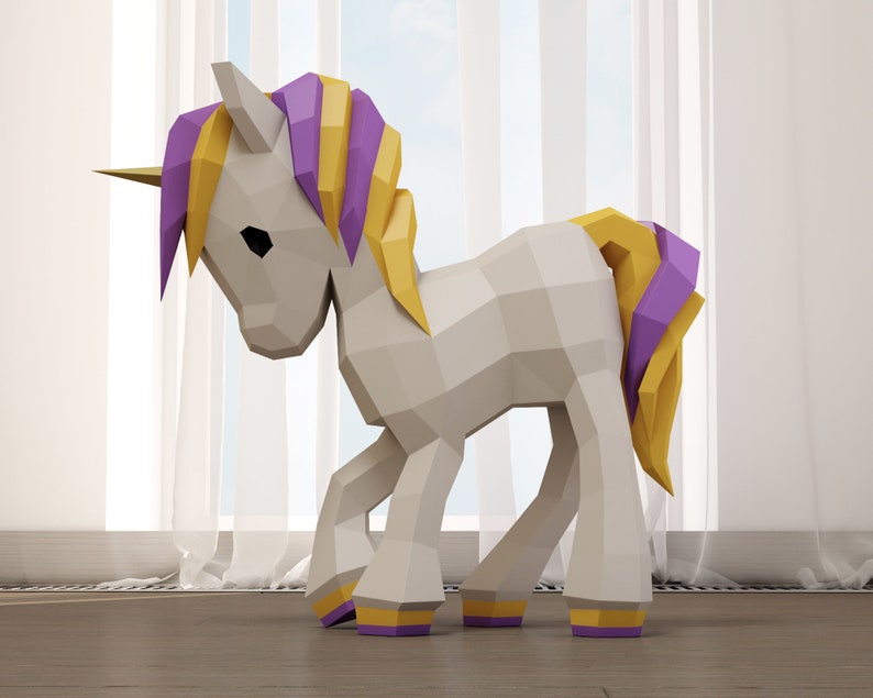 Papercraft Unicorn baby, 3D paper craft floor model, cute sculpture, PDF template, digital paper puzzle kit, pattern horse colt foal, A4/US image 1