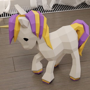Papercraft Unicorn baby, 3D paper craft floor model, cute sculpture, PDF template, digital paper puzzle kit, pattern horse colt foal, A4/US image 3