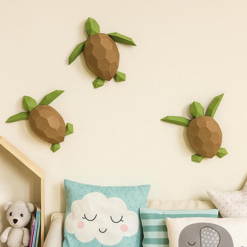 Papercraft Turtles, Paper Craft żółw model, Tortoise PDF template, 3D Terrapin sculpture, Low poly pattern, Little sea Turtles digital kit zdjęcie 1