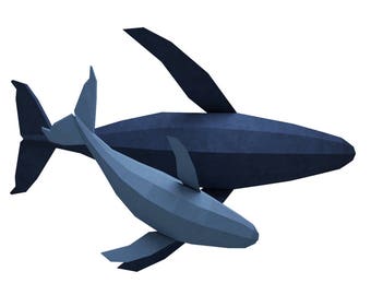 Papercraft Whale, 3D family of whales paper model, paper sculpture, paper craft animals PDF, fish kit, template, origami, dolphin, pepakura