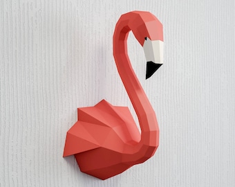 Papercraft Flamingo, 3D Paper Craft sculpture, animal head trophy, low poly sculpture template, pepakura pdf kit, origami bird, home decor