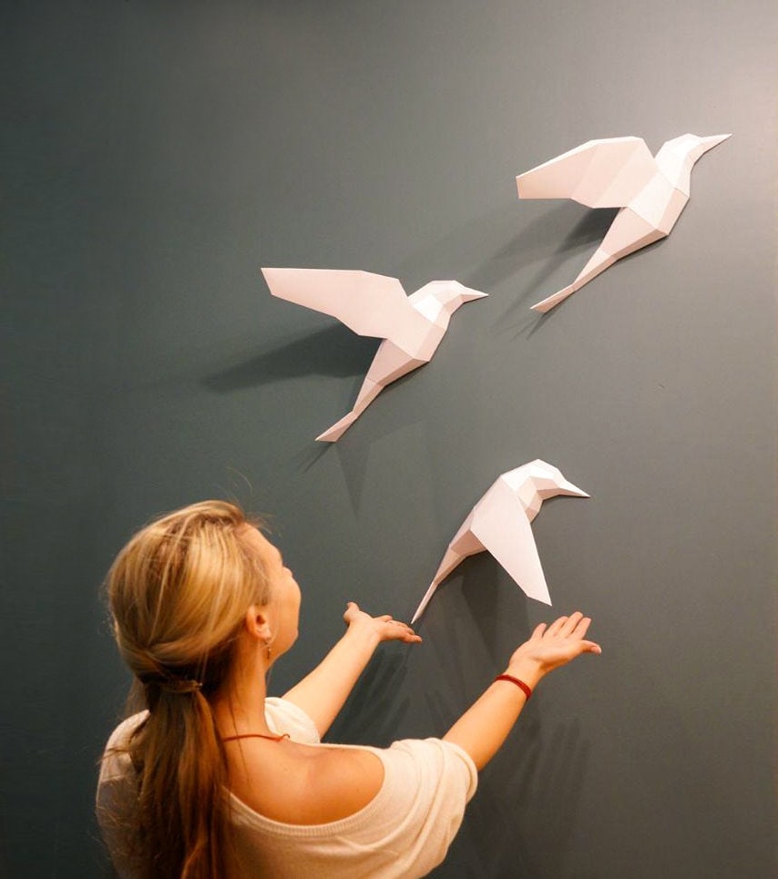Papercraft 3D origami Birds, Dorm decor - DIY kit digital PDF, low poly model, pepakura template